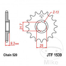 JTF - PIGNONE 15 DENTI PASSO 520 INNESTO PICCOLO - DIAM.INT. 21.7/25