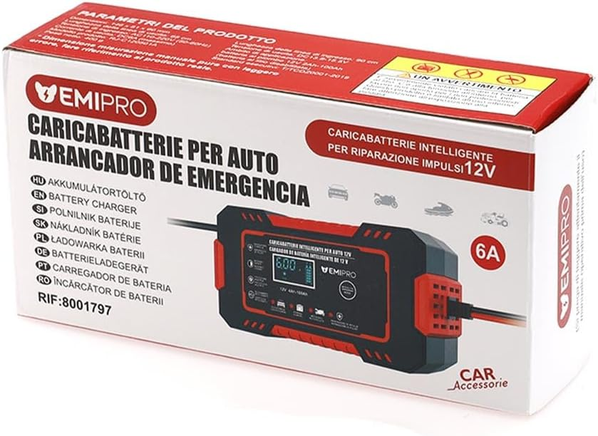 Caricabatterie per Auto 12V 6A, Caricatore Automatico Intelligente, Ricarica Batteria Auto Moto 12V 4Ah-100Ah, Schermo LCD